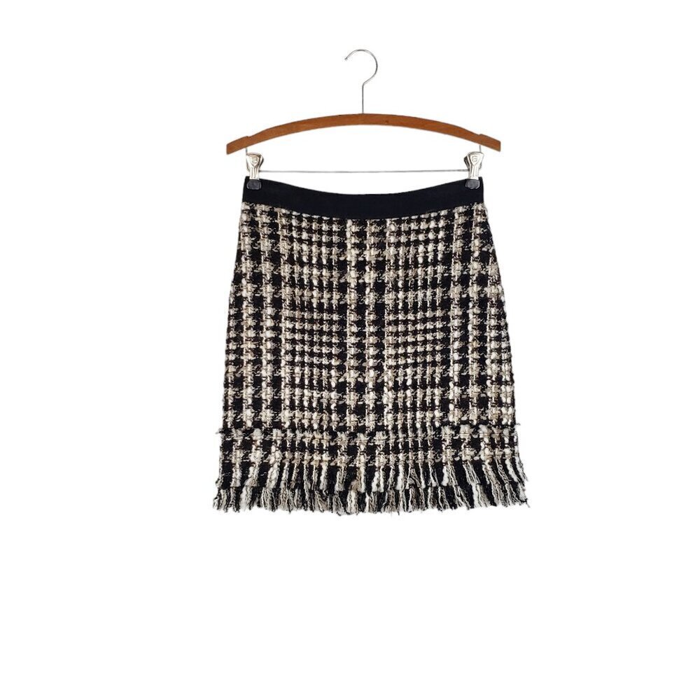 Yoana Baraschi Boucle Skirt Tweed Fringe Hem Black White Taupe Womens Size Small